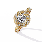 Yellow Gold Round Brilliant Diamond Swirl Halo Engagement Ring
