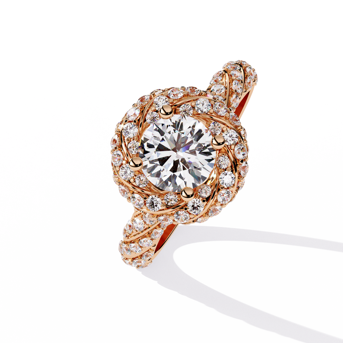 Rose Gold Round Brilliant Diamond Swirl Halo Engagement Ring