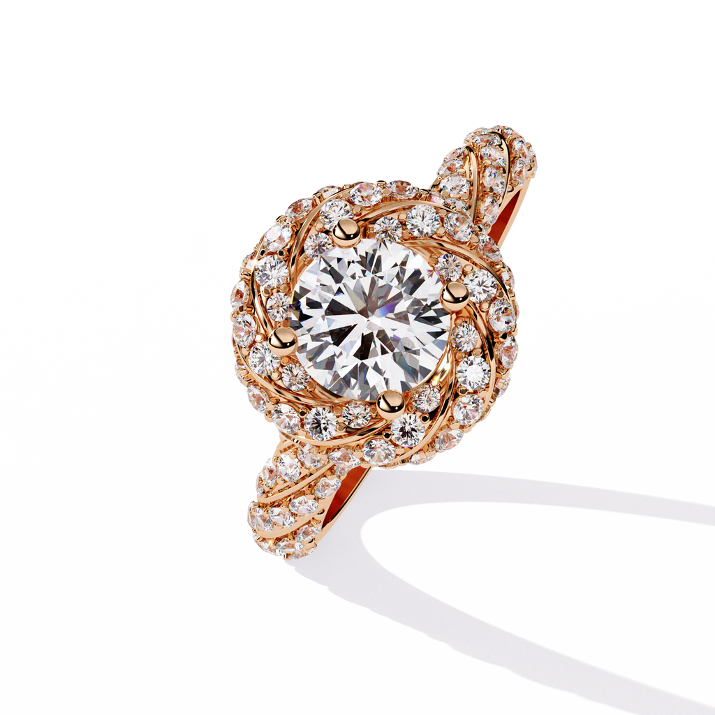 Rose Gold Round Brilliant Diamond Swirl Halo Engagement Ring