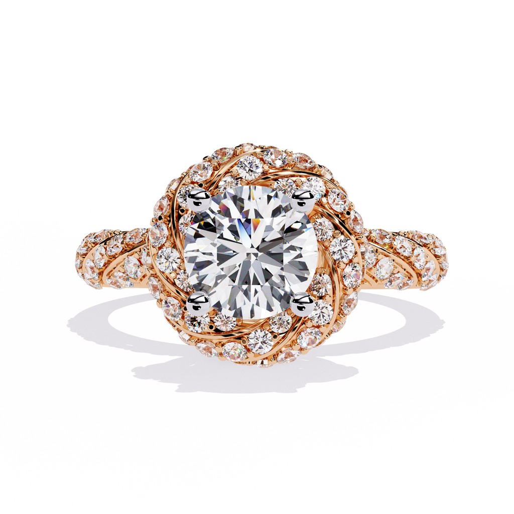 Rose Gold Round Brilliant Diamond Swirl Halo Engagement Ring