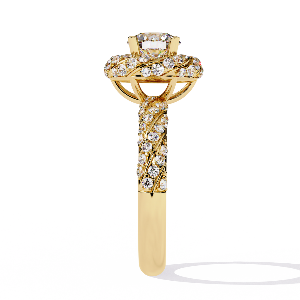 Yellow Gold Round Brilliant Diamond Swirl Halo Engagement Ring