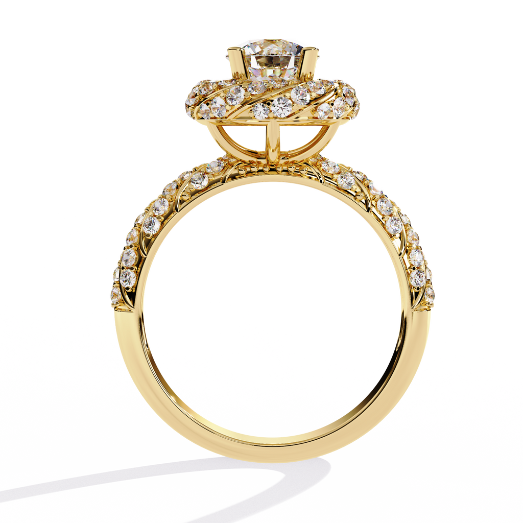 Yellow Gold Round Brilliant Diamond Swirl Halo Engagement Ring