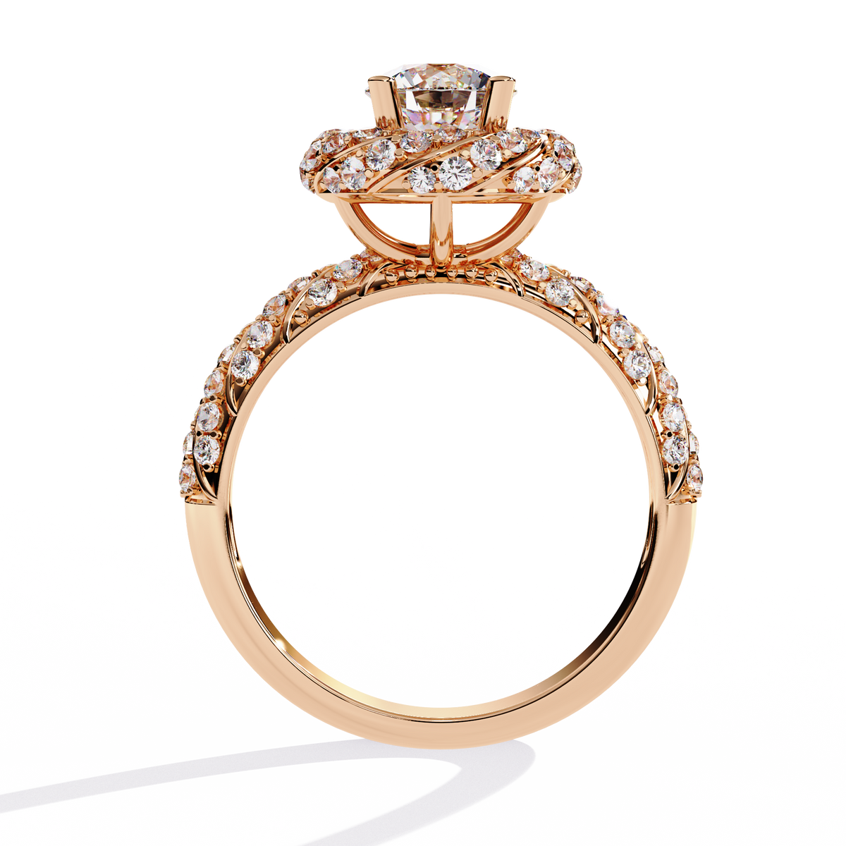 Rose Gold Round Brilliant Diamond Swirl Halo Engagement Ring