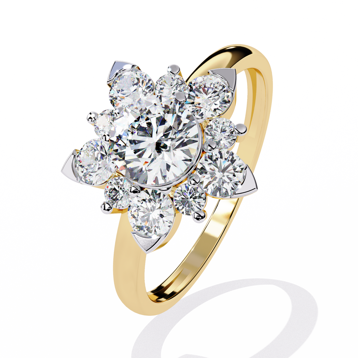 Yellow Gold Round Brilliant Diamond Floral Cluster Engagement Ring