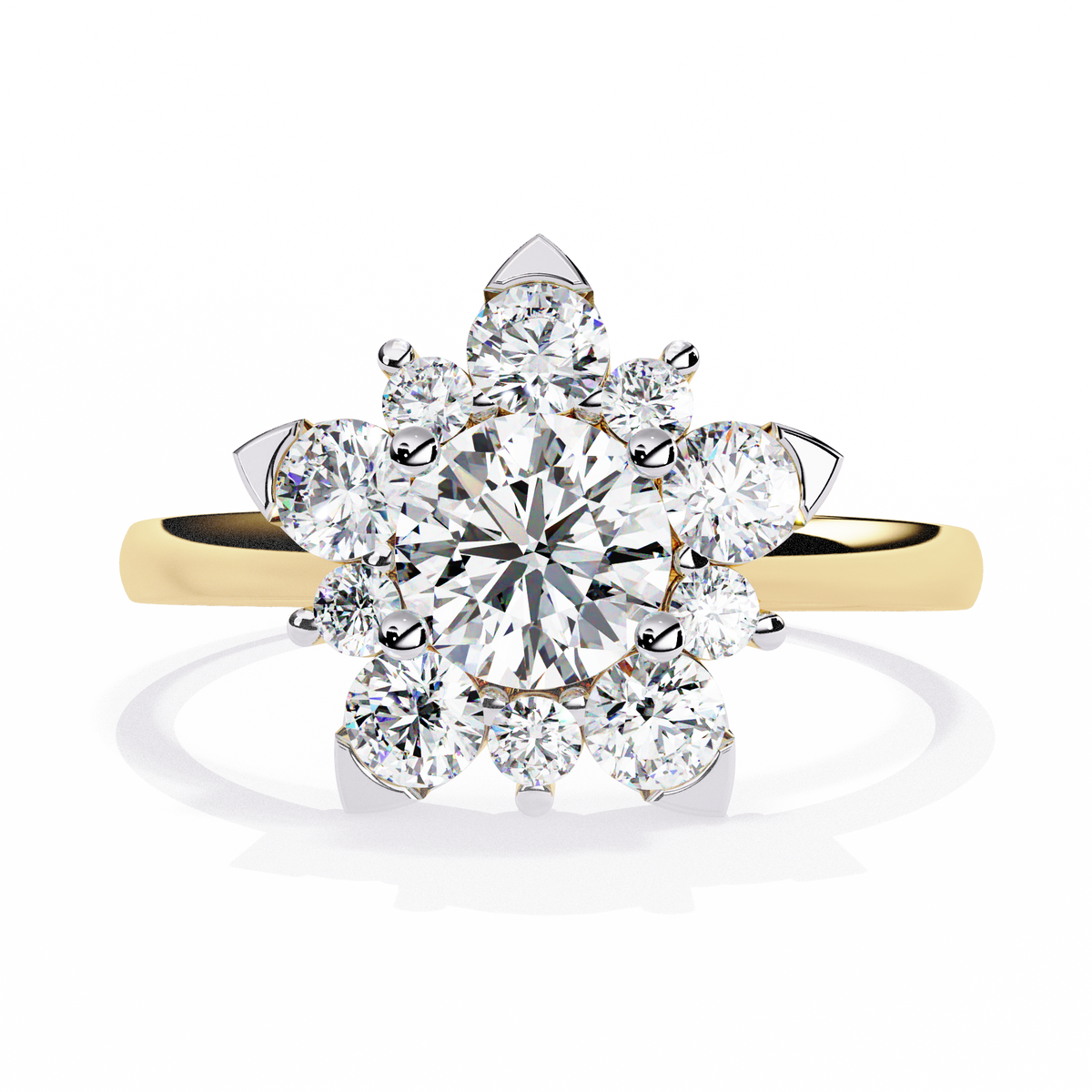 Yellow Gold Round Brilliant Diamond Floral Cluster Engagement Ring