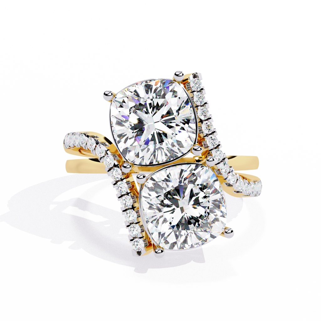 Yellow Gold Twin Cushion Cut Diamond Toi et Moi Ring