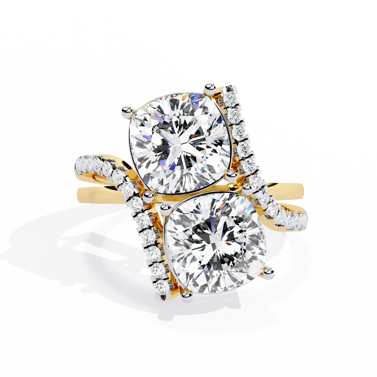 Yellow Gold Twin Cushion Cut Diamond Toi et Moi Ring