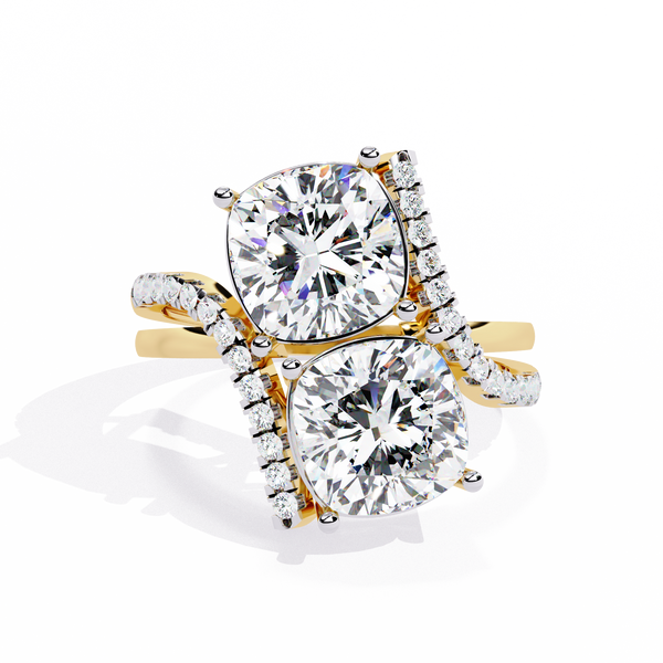 Gold Twin Cushion Cut Diamond Toi et Moi Ring