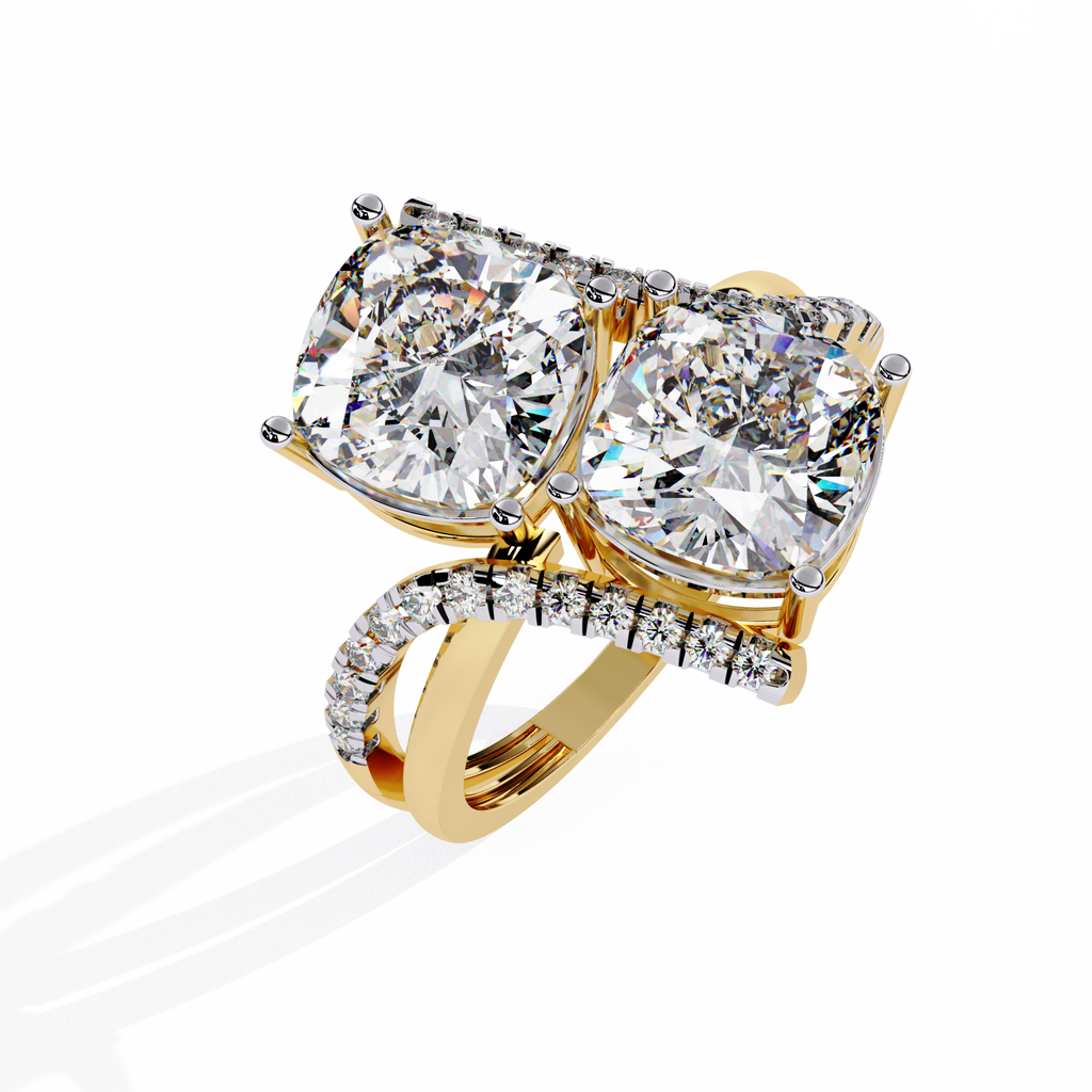 Yellow Gold Twin Cushion Cut Diamond Toi et Moi Ring