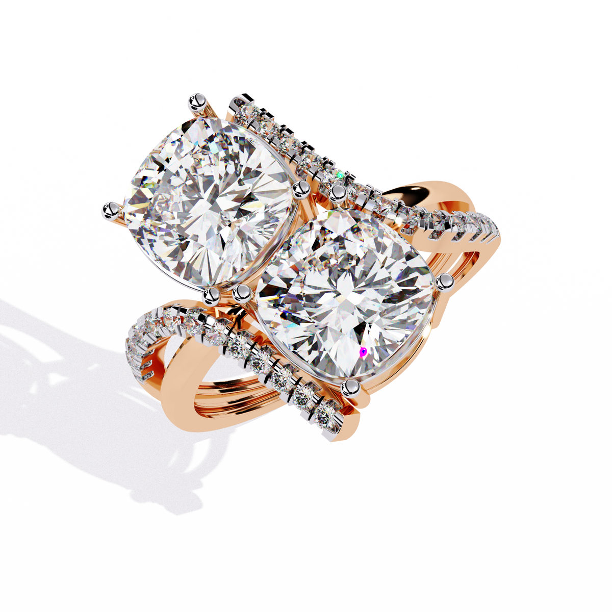 Rose Gold Twin Cushion Cut Diamond Toi et Moi Ring