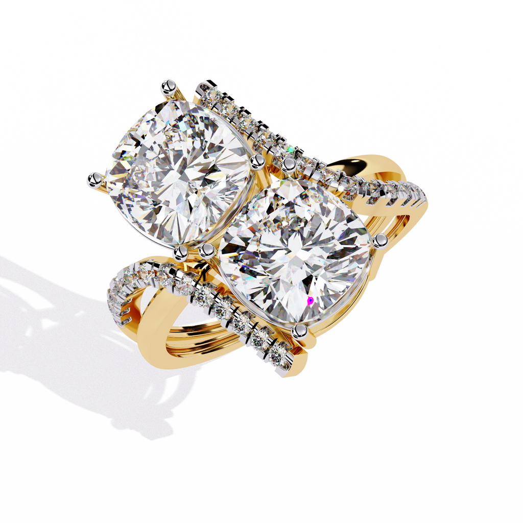 Yellow Gold Twin Cushion Cut Diamond Toi et Moi Ring