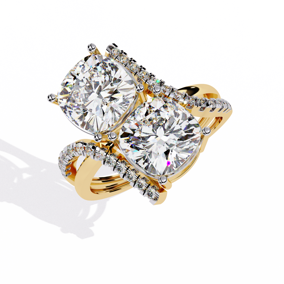 Yellow Gold Twin Cushion Cut Diamond Toi et Moi Ring