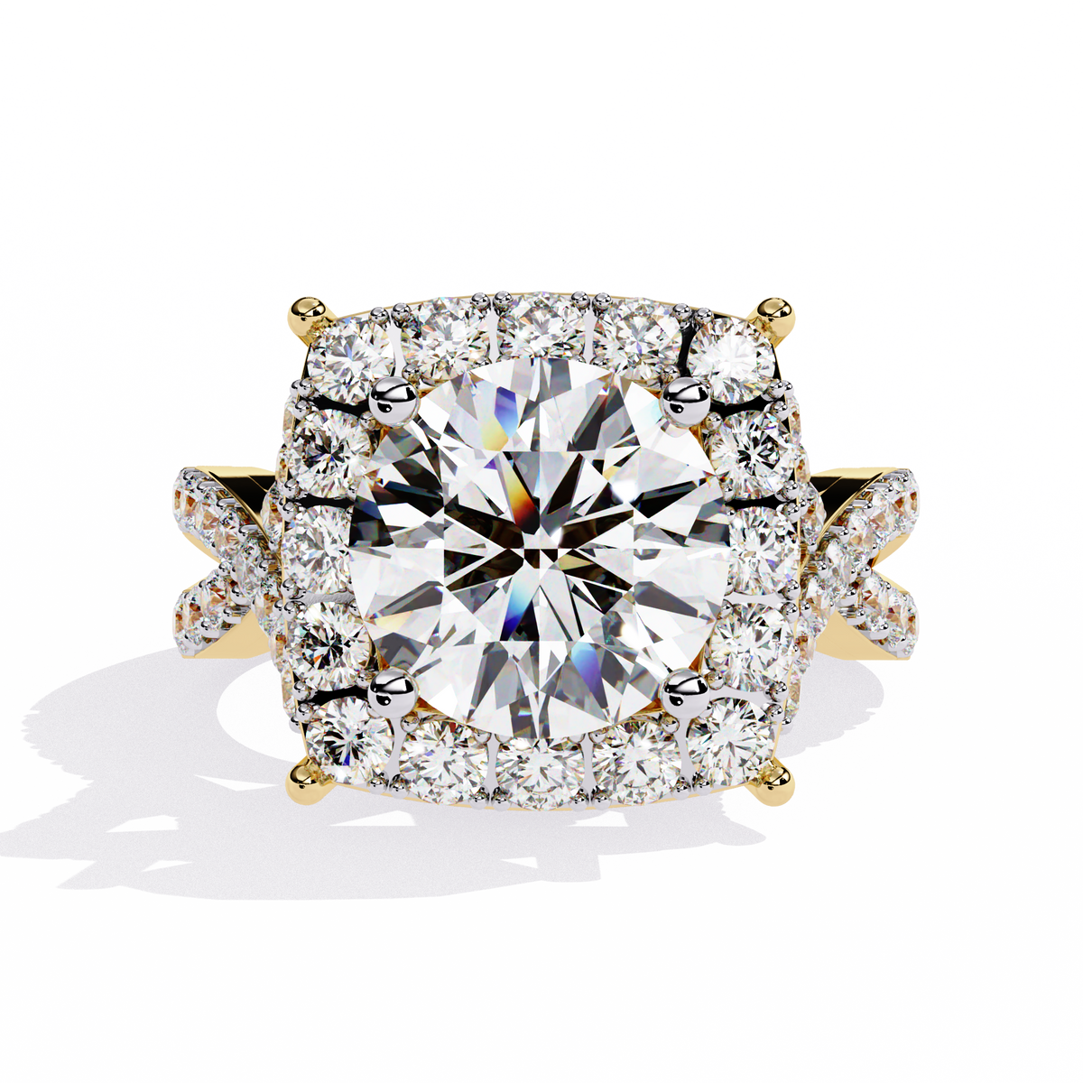 Yellow Gold Round Brilliant Diamond Grand Halo Engagement Ring