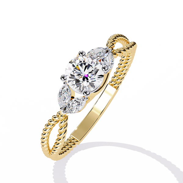 Gold Round & Marquise Diamond Rope Band Engagement Ring
