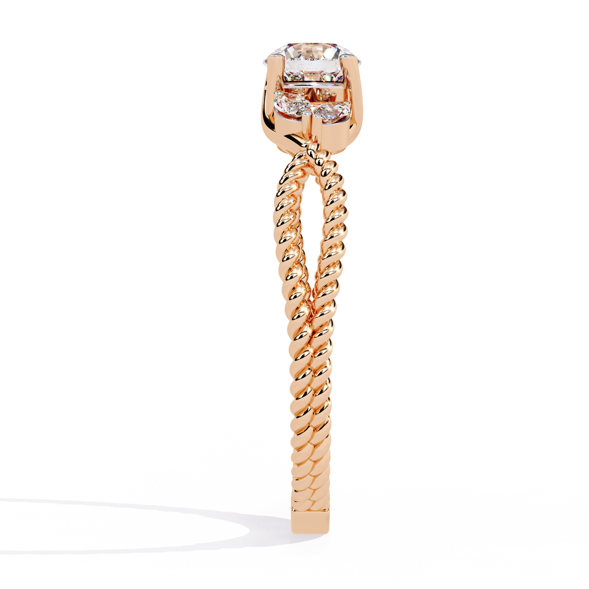 Rose Gold Round & Marquise Diamond Rope Band Engagement Ring