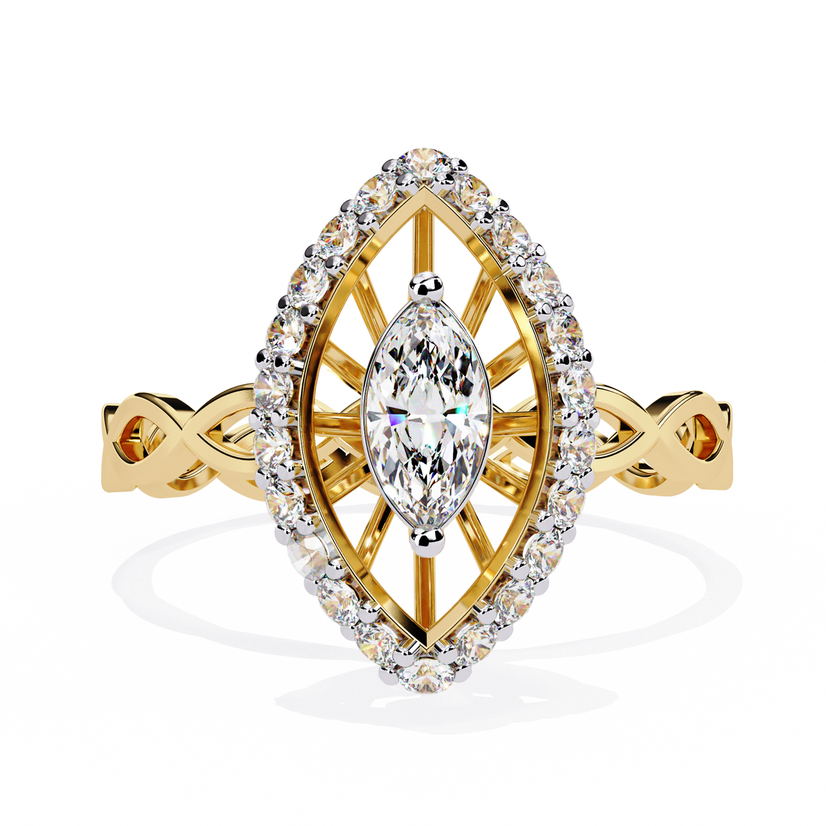 Yellow Gold Marquise Diamond Sunburst Halo Infinity Band Ring