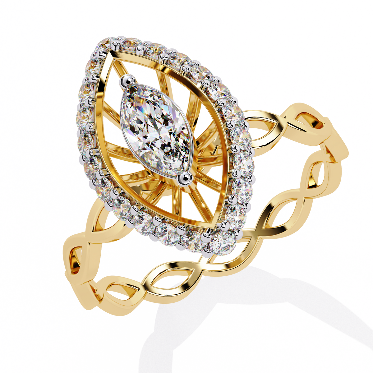 Yellow Gold Marquise Diamond Sunburst Halo Infinity Band Ring