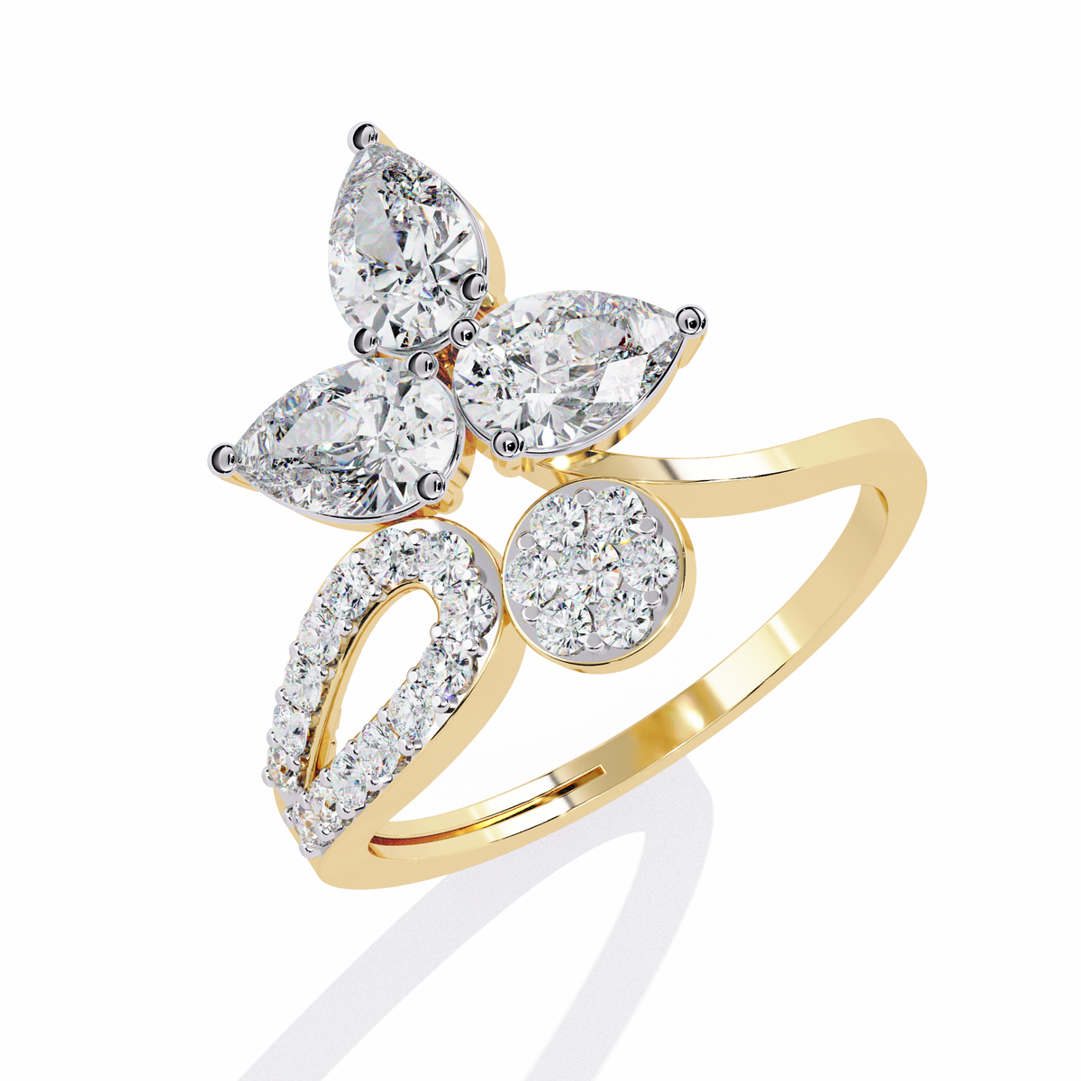 Yellow Gold Pear Cut Diamond Butterfly Statement Ring