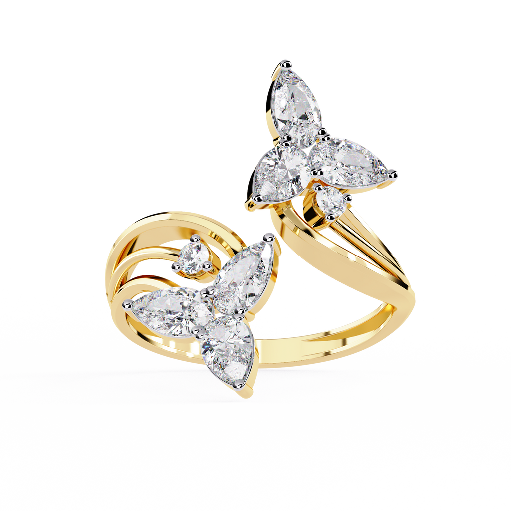 Gold Pear Diamond Double Butterfly Open Wrap Ring