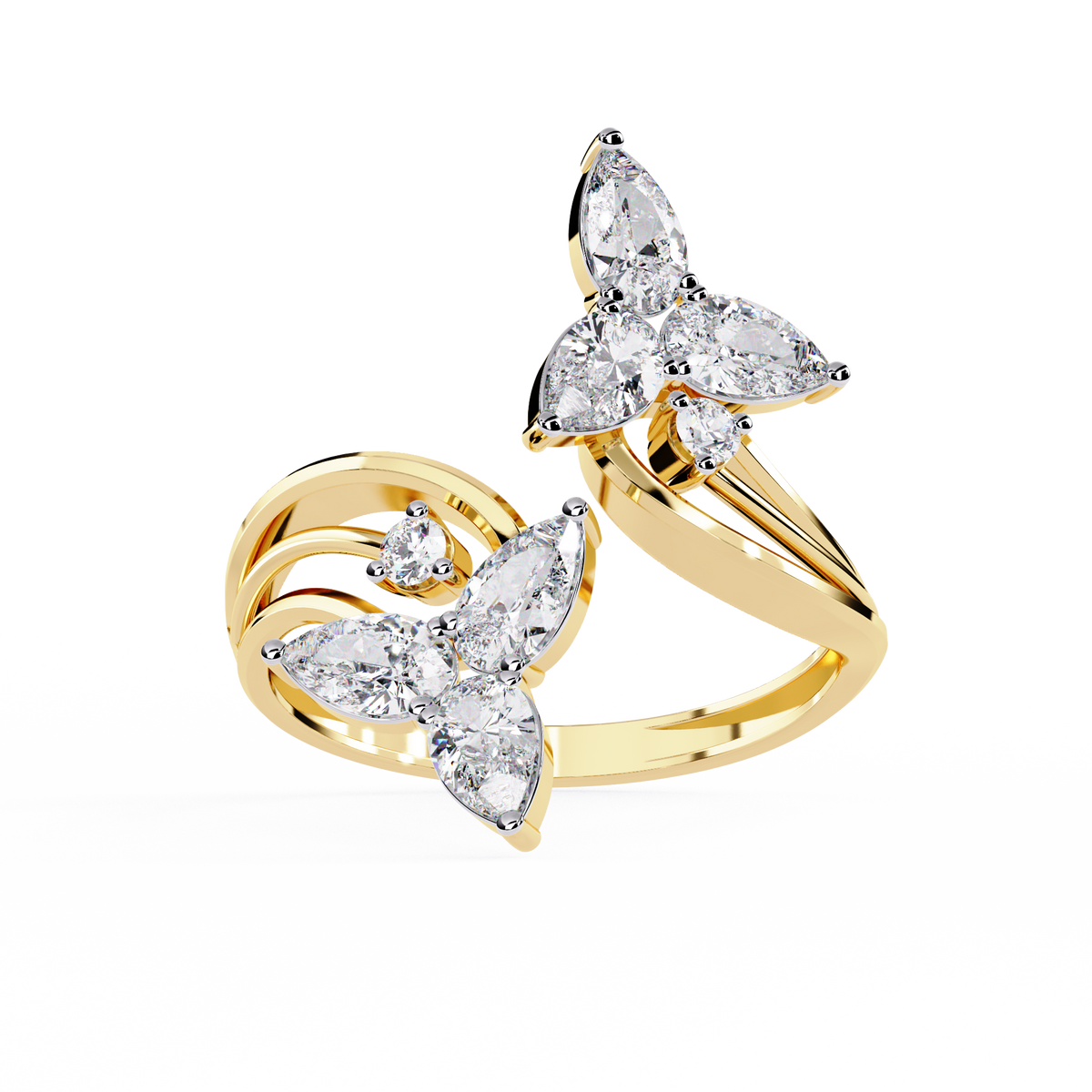 Gold Pear Diamond Double Butterfly Open Wrap Ring