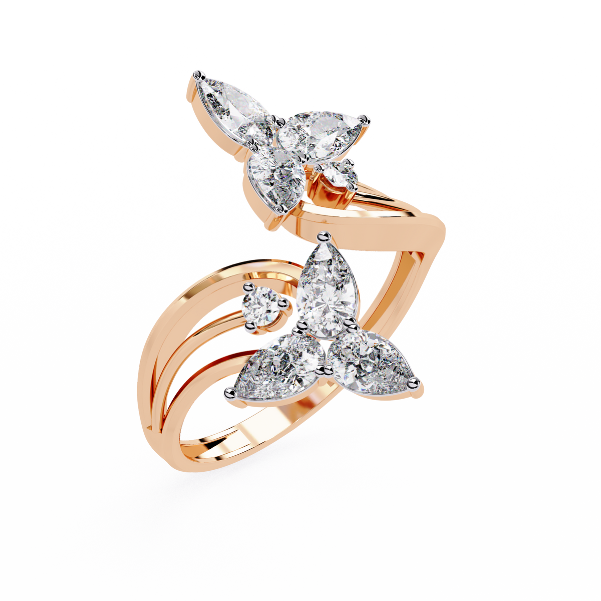 Gold Pear Diamond Double Butterfly Open Wrap Ring
