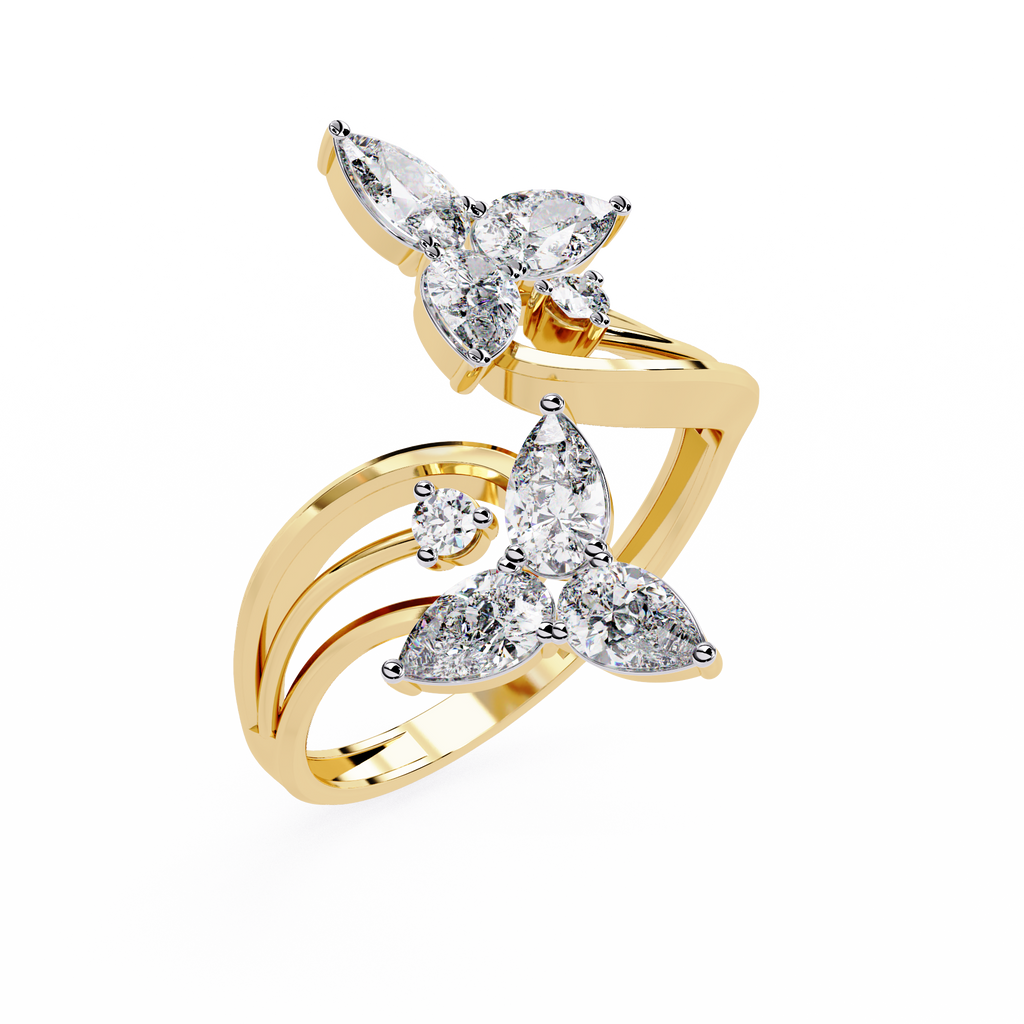 Gold Pear Diamond Double Butterfly Open Wrap Ring