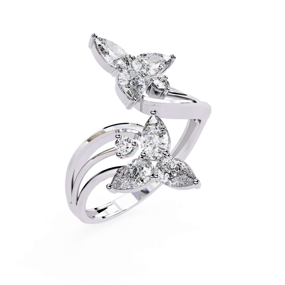 White Gold Pear Diamond Double Butterfly Bypass Ring