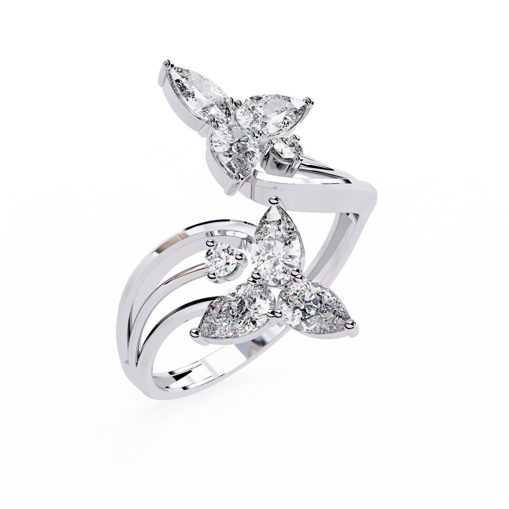 White Gold Pear Diamond Double Butterfly Bypass Ring