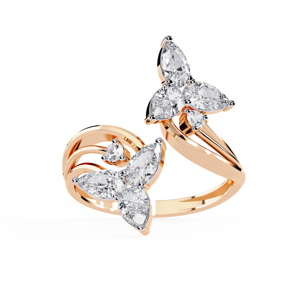 Gold Pear Diamond Double Butterfly Open Wrap Ring
