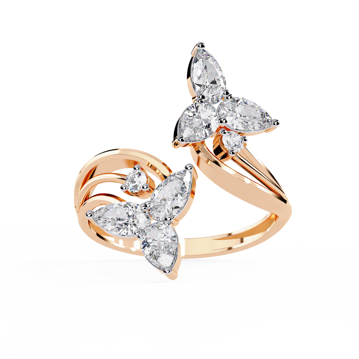 Gold Pear Diamond Double Butterfly Open Wrap Ring