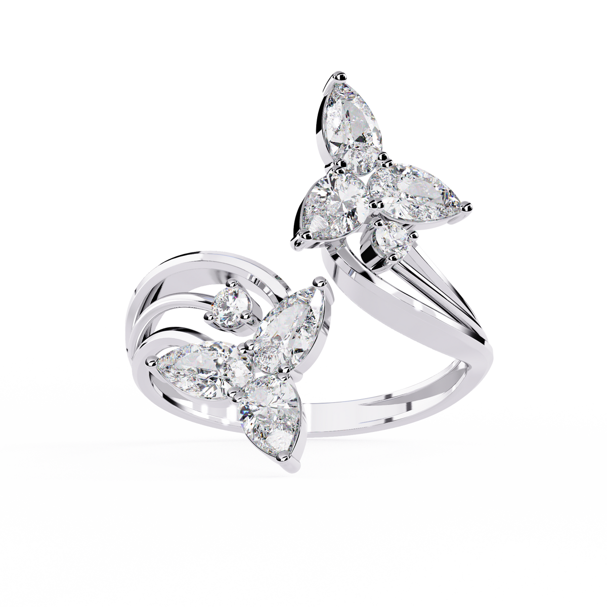 White Gold Pear Diamond Double Butterfly Bypass Ring
