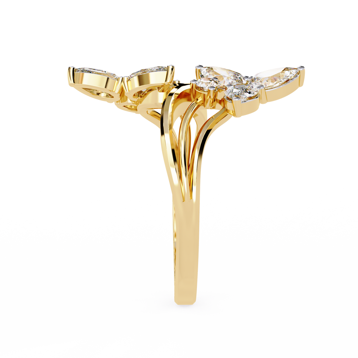 Gold Pear Diamond Double Butterfly Open Wrap Ring