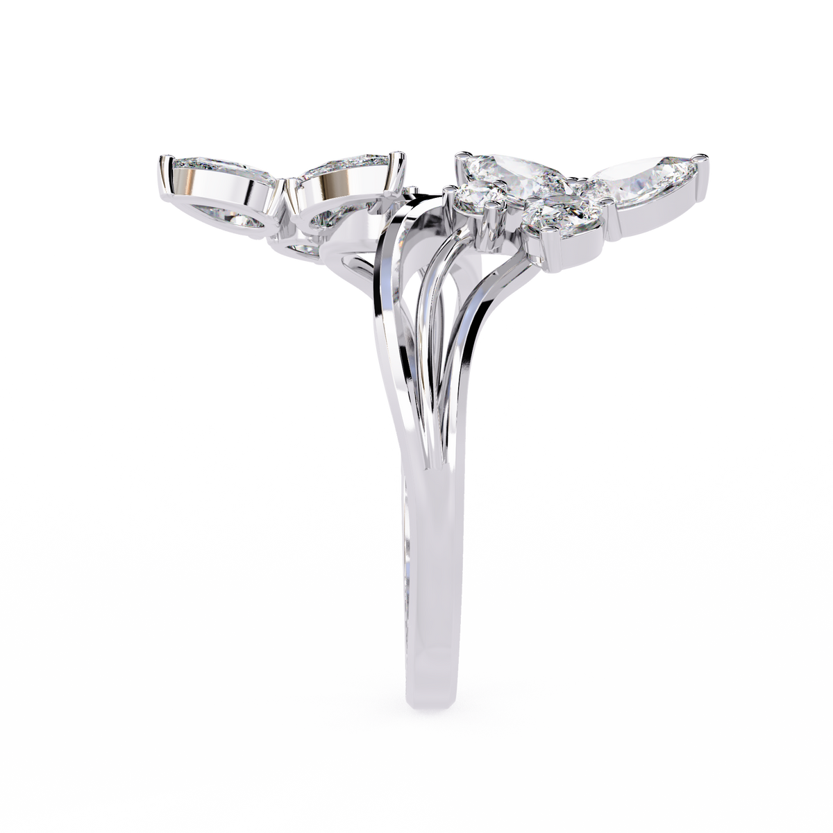 White Gold Pear Diamond Double Butterfly Bypass Ring