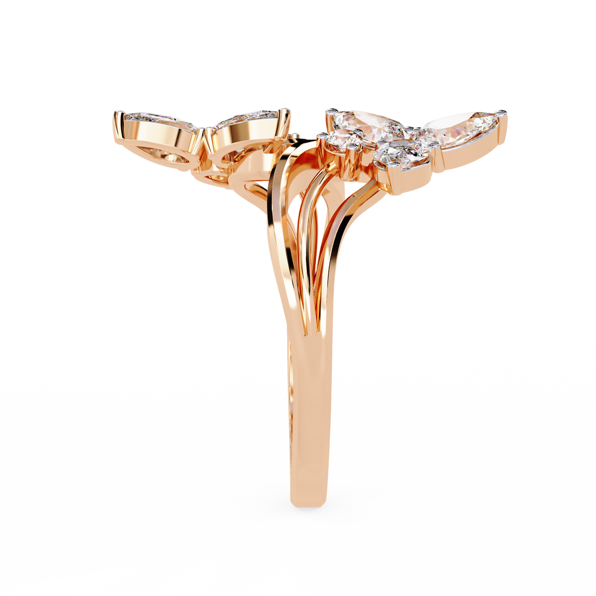 Gold Pear Diamond Double Butterfly Open Wrap Ring