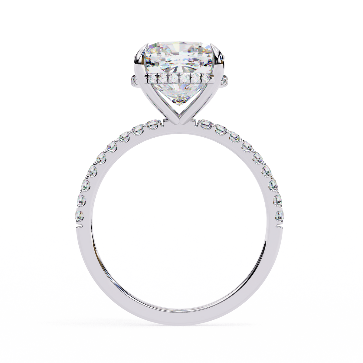 White Gold Cushion-Cut Diamond Solitaire Pavé Engagement Ring