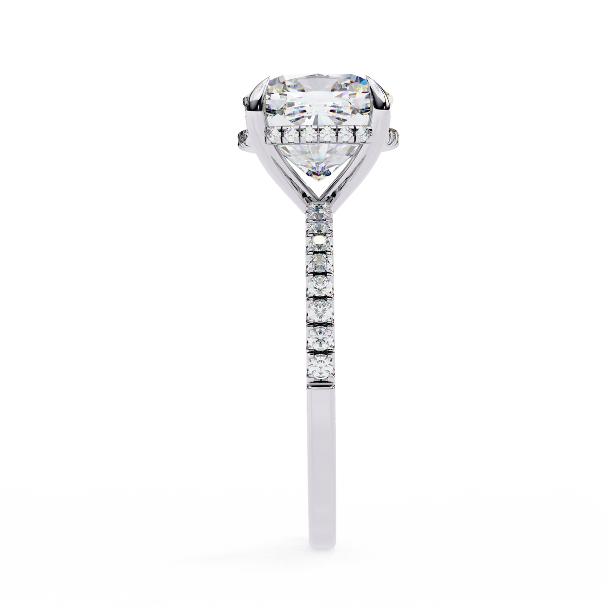 White Gold Cushion-Cut Diamond Solitaire Pavé Engagement Ring