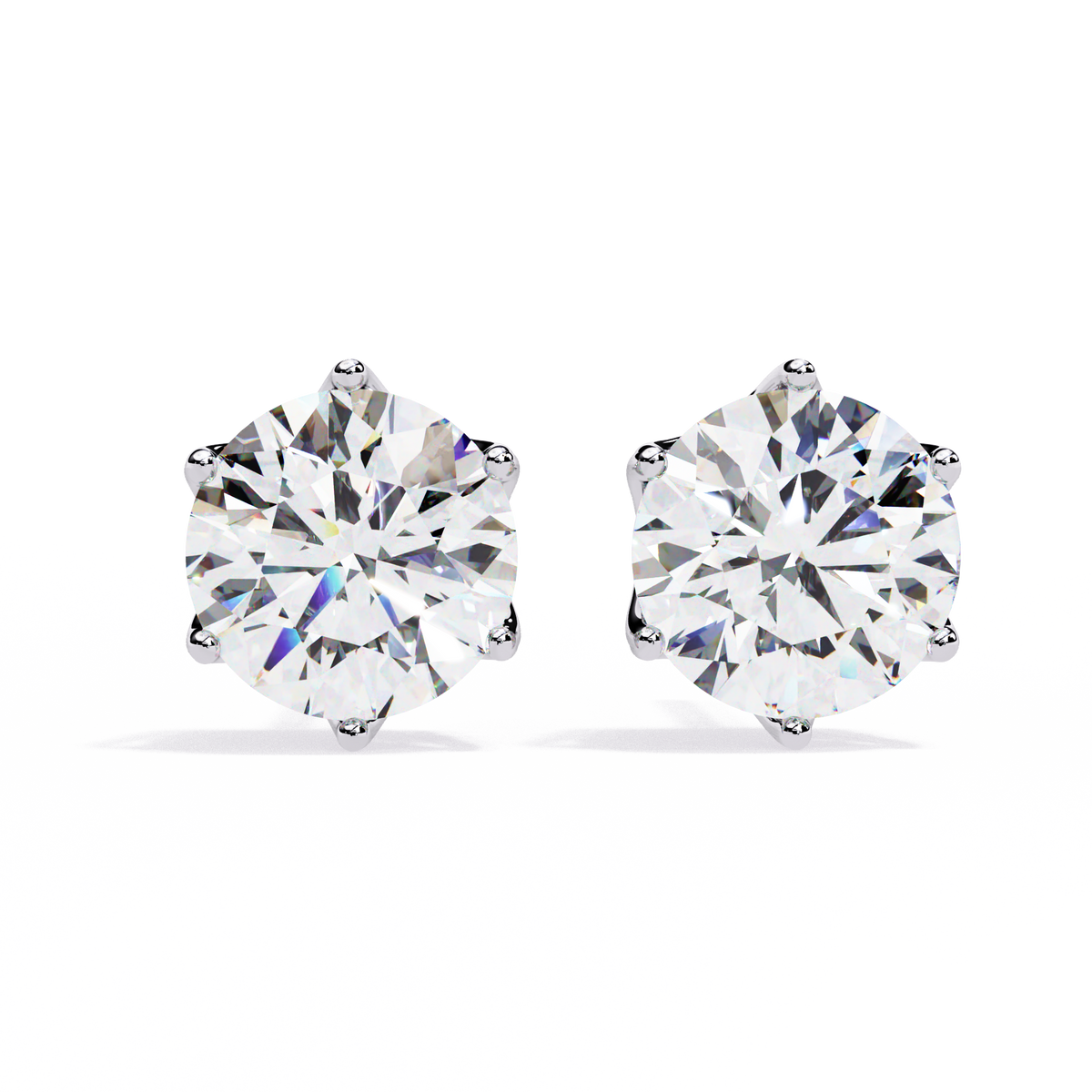 White Gold Six-Prong Crown Round Diamond Stud Earrings