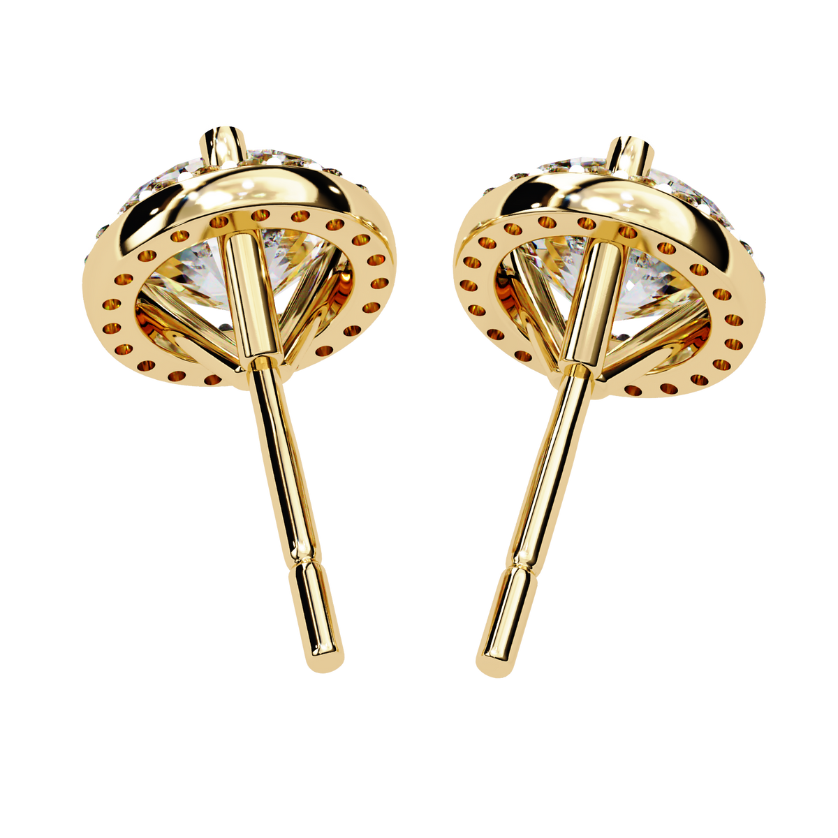 Yellow Gold Round Brilliant Diamond Halo Stud Earring