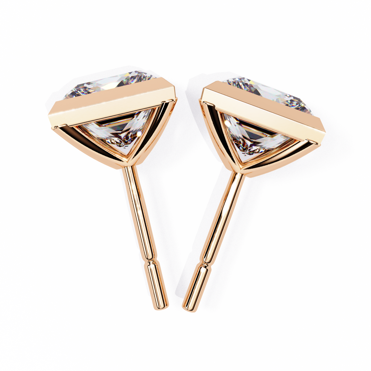 Rose Gold Bezel-Set Princess Cut Diamond Stud Earrings