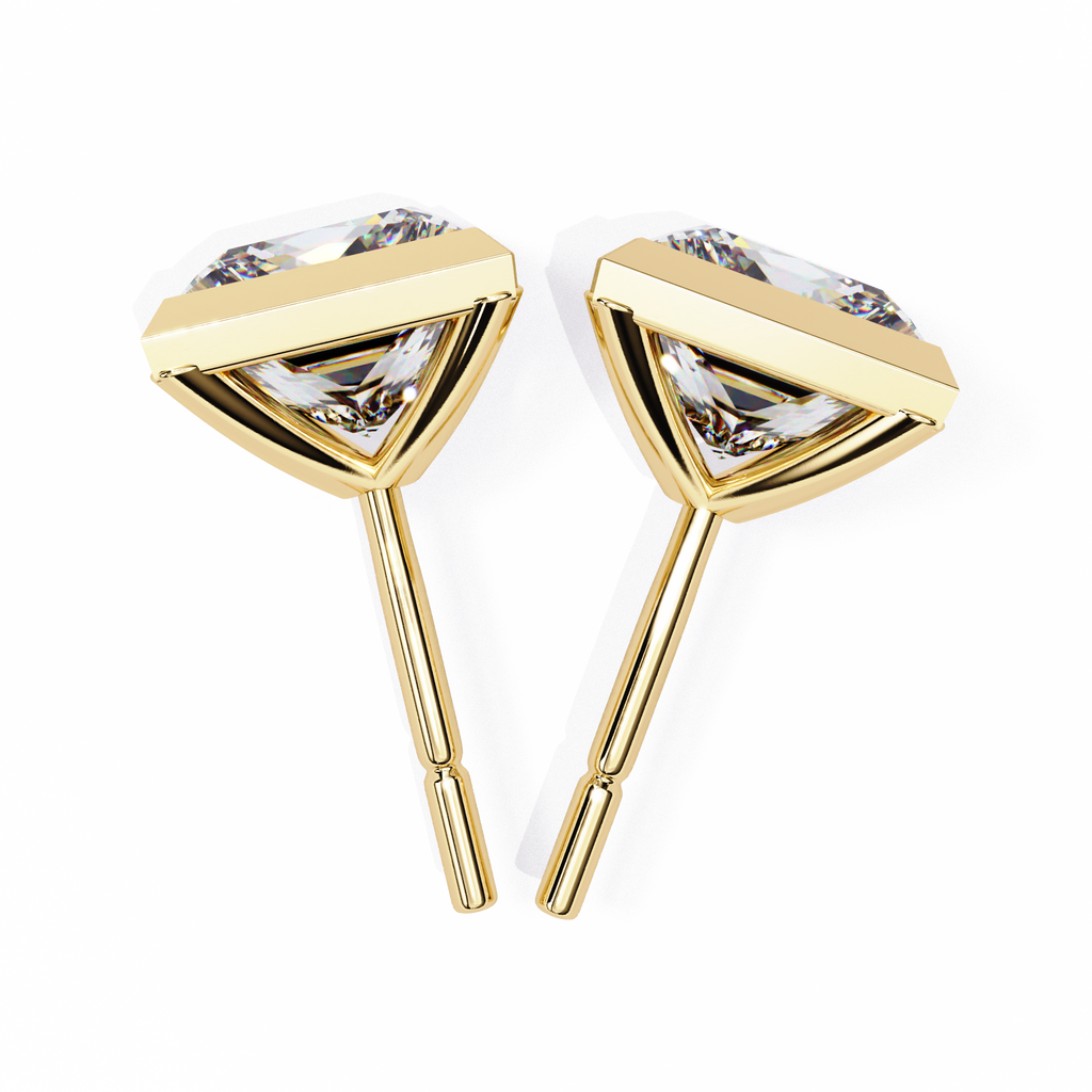Yellow Gold Princess Cut Diamond Bezel Stud Earring