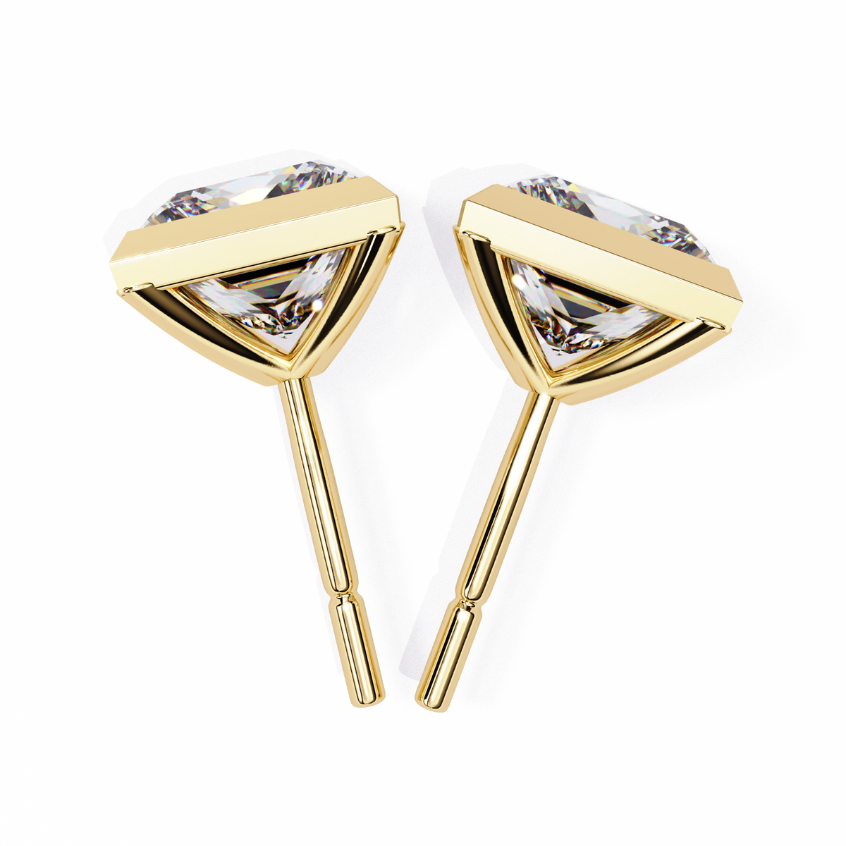 Yellow Gold Princess Cut Diamond Bezel Stud Earring