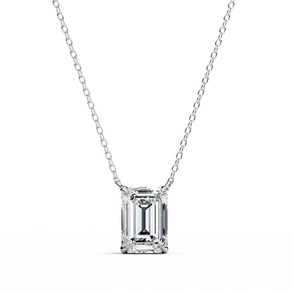 White Gold Vertical Emerald Cut Four-Claw Diamond Pendant