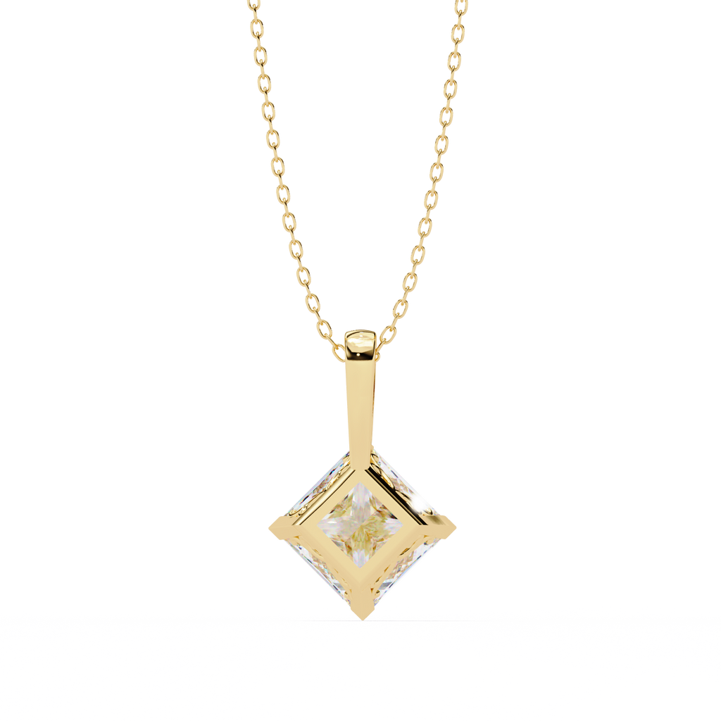 Yellow Gold Princess Cut Diamond Diagonal Solitaire Pendant