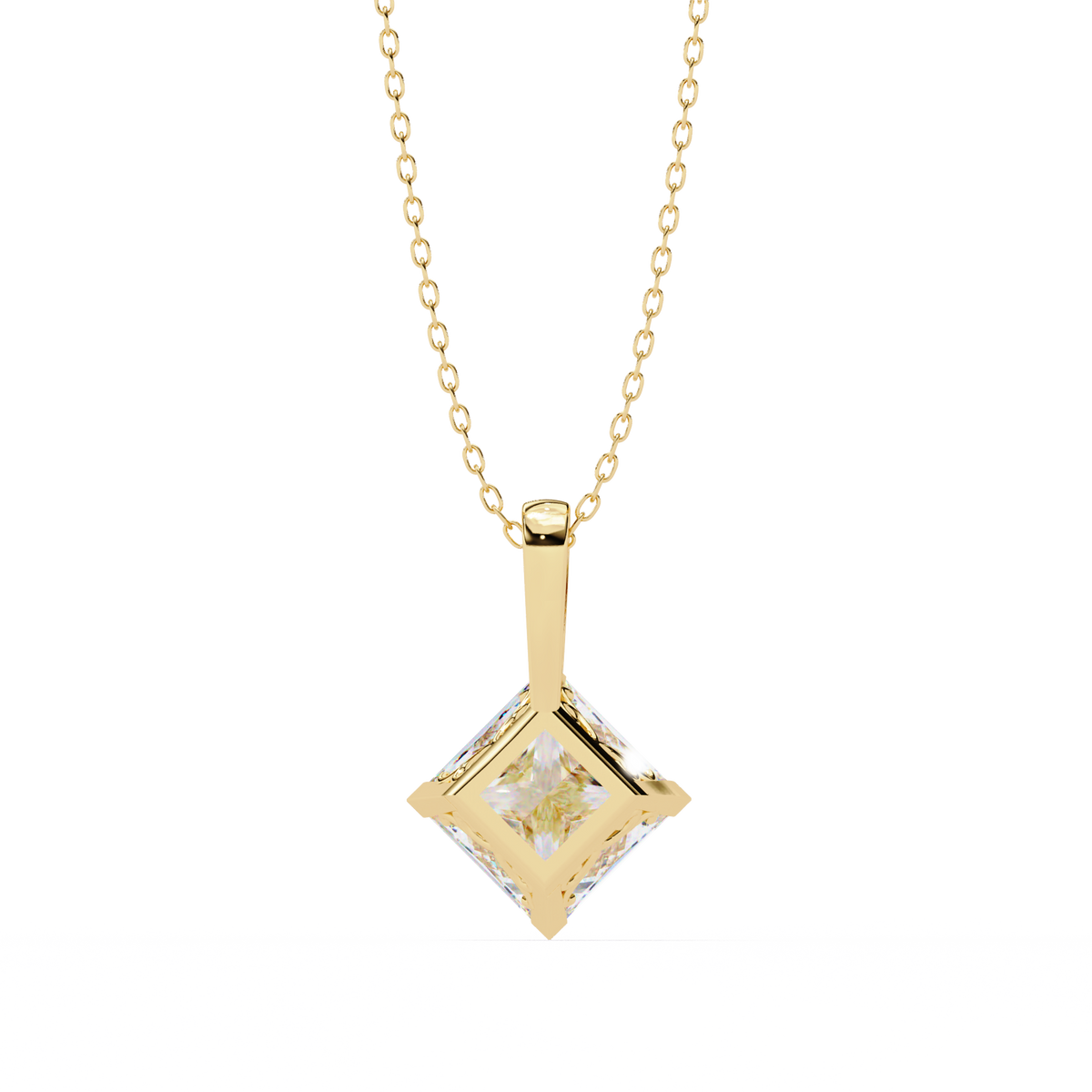 Yellow Gold Princess Cut Diamond Diagonal Solitaire Pendant