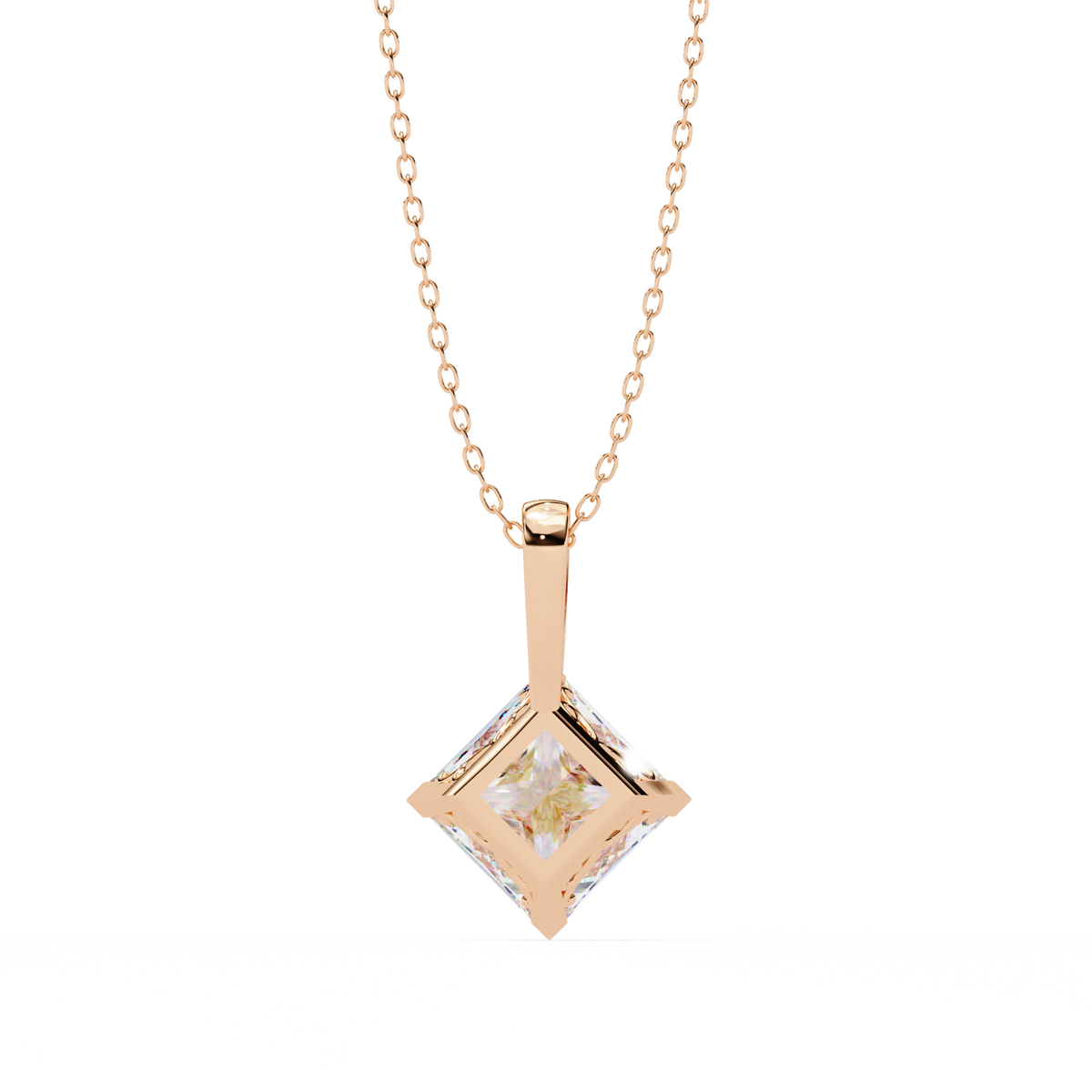 Rose Gold Princess Cut Diamond Diagonal Solitaire Pendant