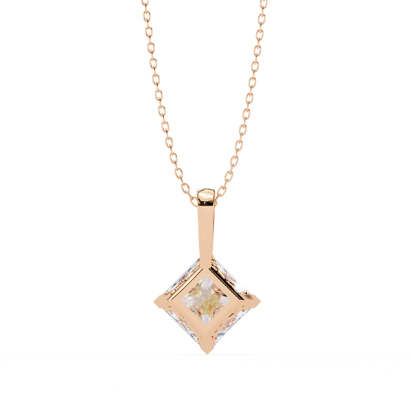 Rose Gold Princess Cut Diamond Diagonal Solitaire Pendant