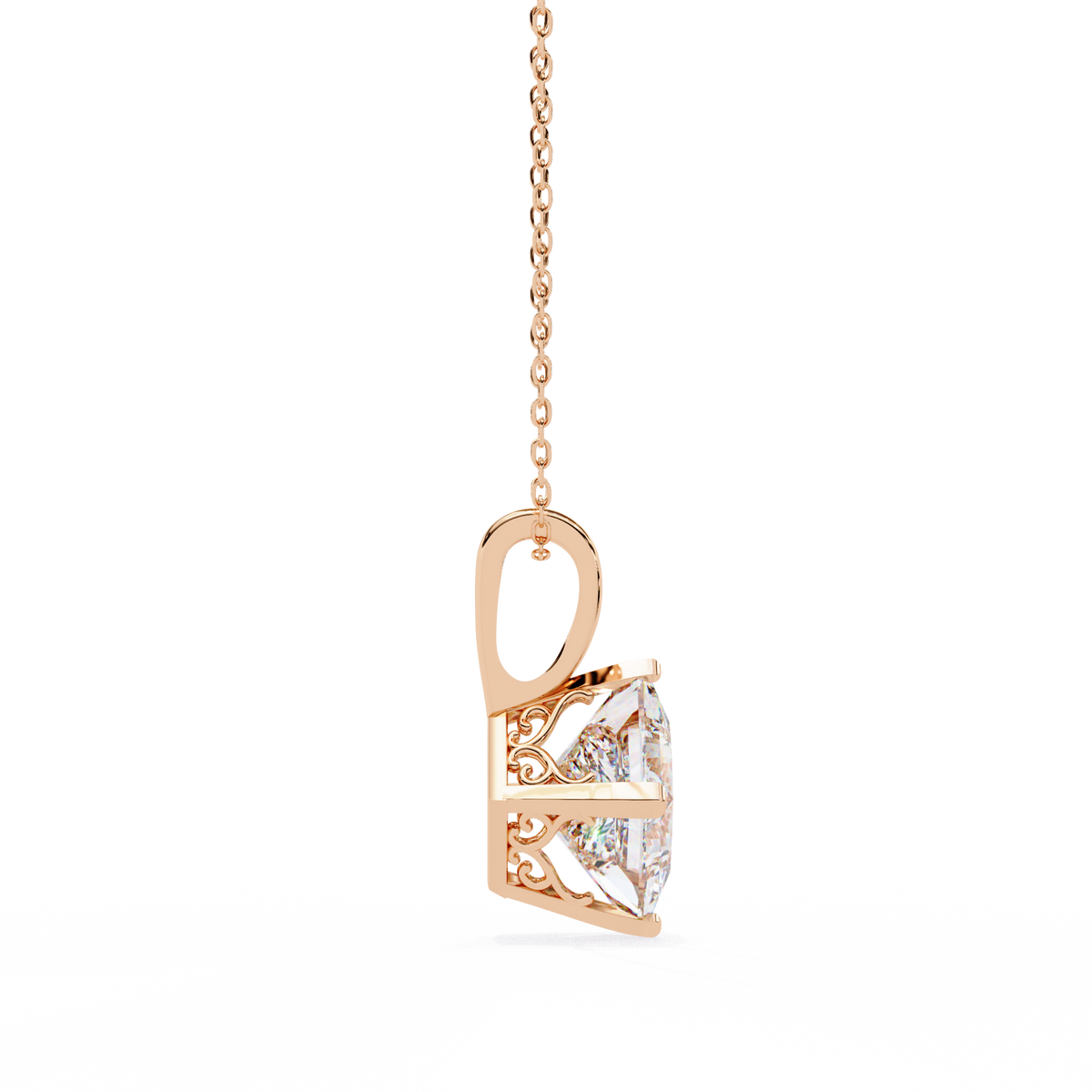 Rose Gold Princess Cut Diamond Diagonal Solitaire Pendant