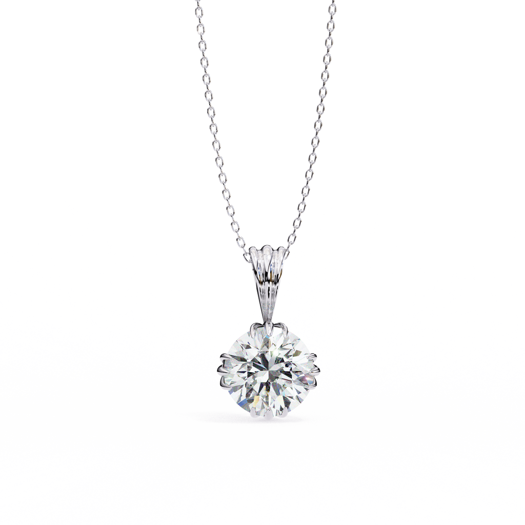 White Gold Double-Claw Round Brilliant Fluted Bail Pendant