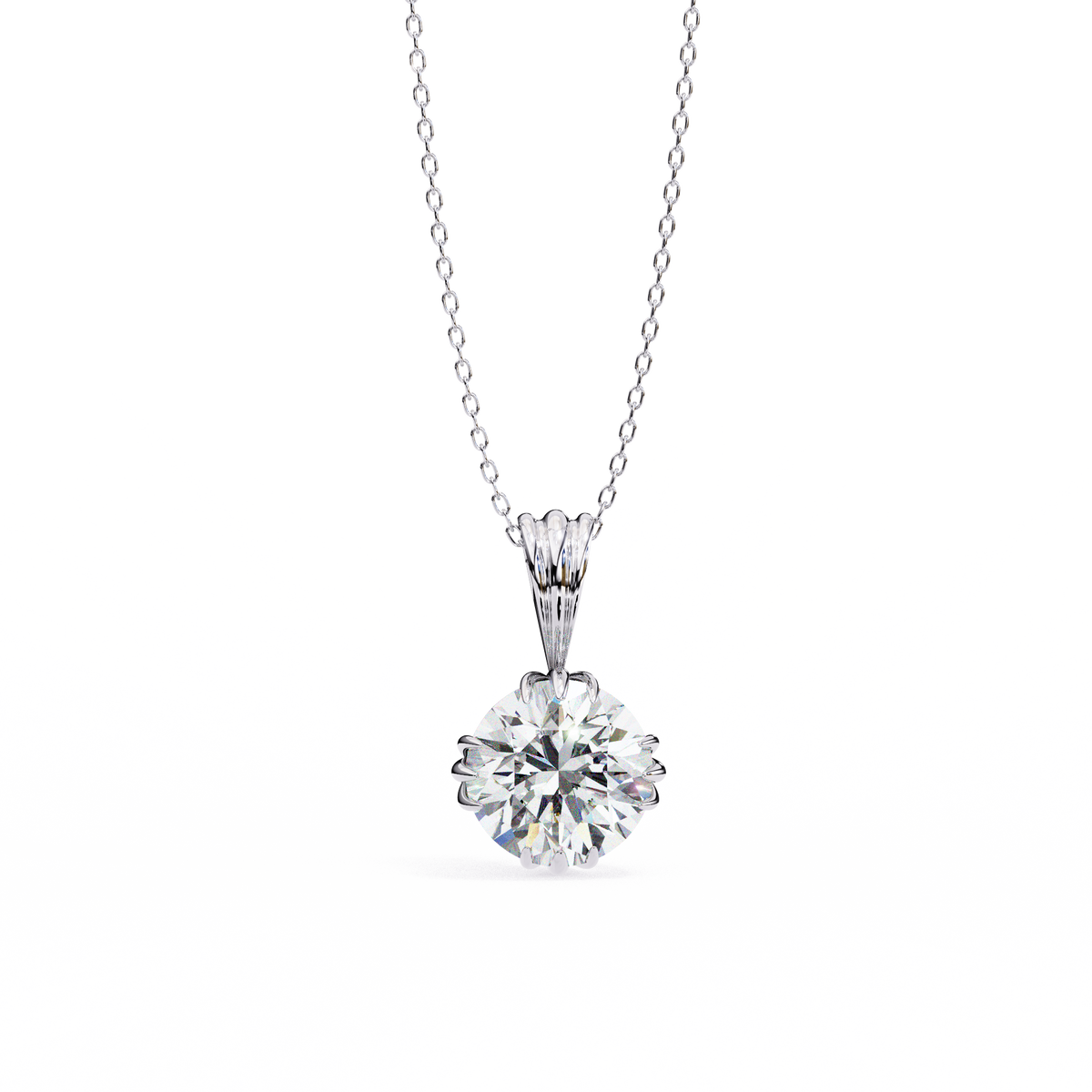 White Gold Double-Claw Round Brilliant Fluted Bail Pendant