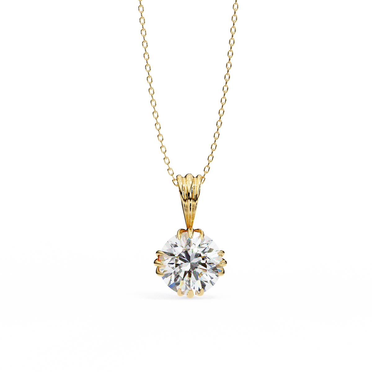 Yellow Gold Round Brilliant Diamond Ribbed Bail Solitaire Pendant